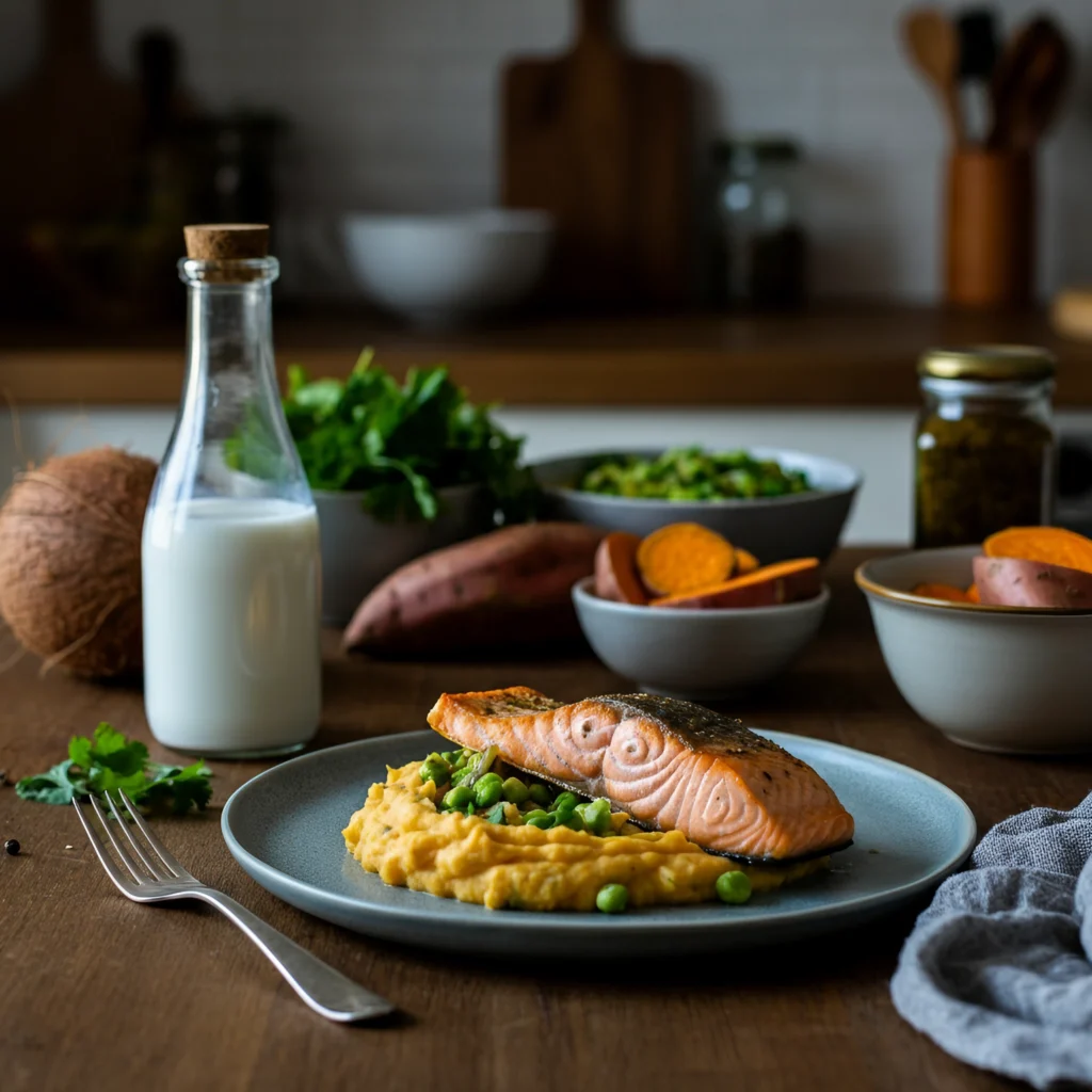 Aip diet recipes ; A plate of baked salmon served on a bed of creamy mashed sweet potatoes with green peas, surrounded by fresh ingredients like sweet potatoes, greens, and a bottle of coconut milk on a wooden kitchen countertop.