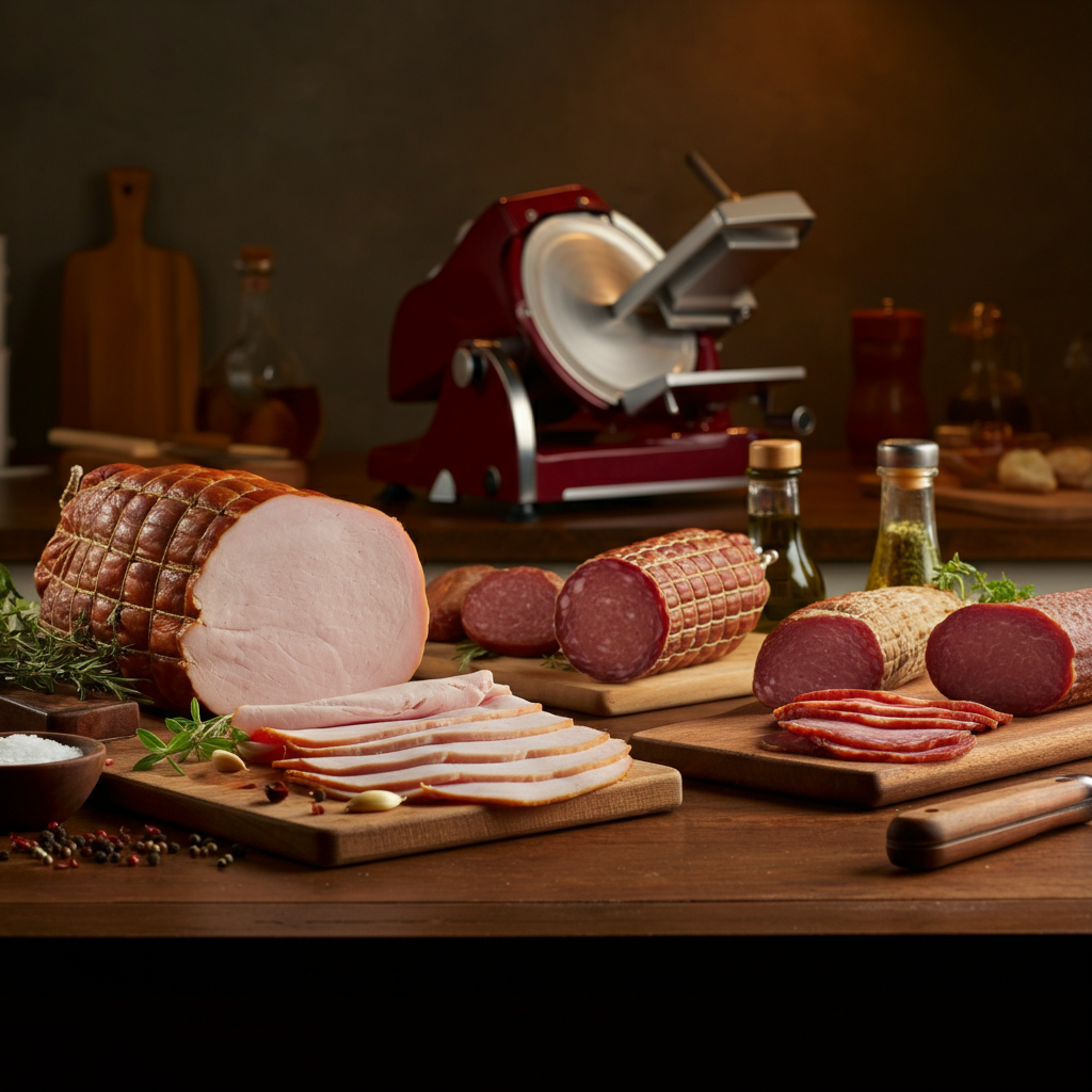 Slices of homemade deli meat on a wooden board.