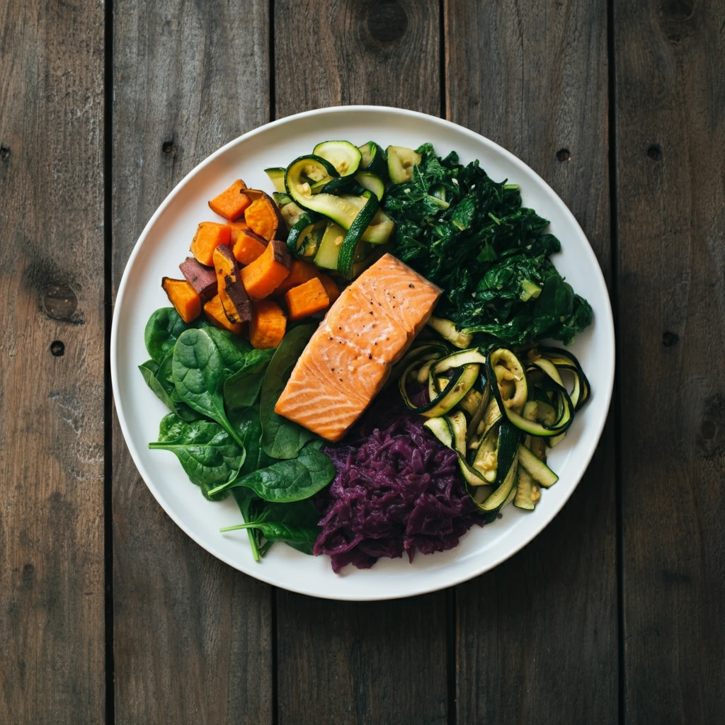 A white plate filled with a colorful assortment of healthy foods, including a piece of baked salmon, sautéed zucchini, spinach leaves, roasted sweet potatoes, steamed greens, and fermented red cabbage, all arranged neatly on a rustic wooden table.